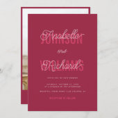 Magenta Typografy Whimsical Script Foto Wedding Einladung (Vorne/Hinten)