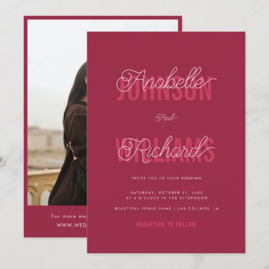 Magenta Typografy Whimsical Script Foto Wedding Einladung (Vorne/Hinten)