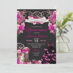 Magenta und Black Cowgirl Western Quinceanera Einladung