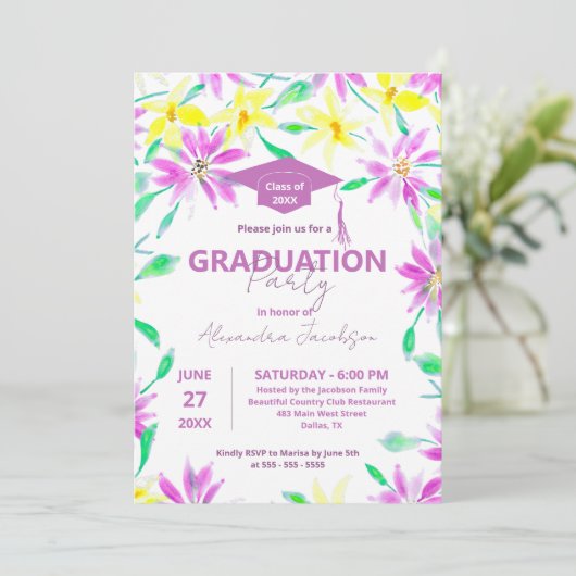 Magenta und Gelbe Blume Abschluss Einladung (Stehend Vorderseite)