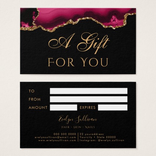 Magenta und Gold Agate auf der schwarzen Gift Card (Vorne & Hinten)