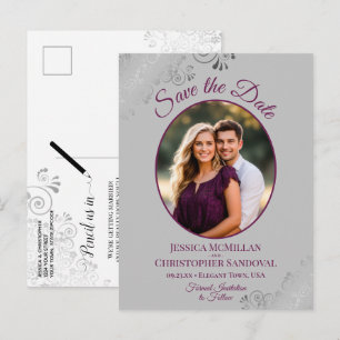 Magenta- und Graue Spitzendeck-Hochzeit-Save-the-D Ankündigungspostkarte
