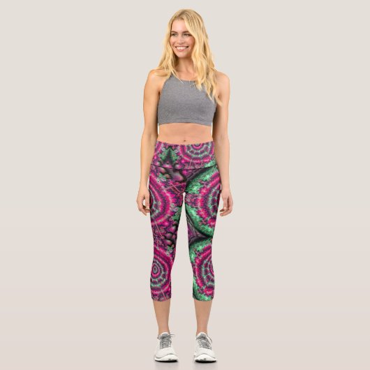 Magenta und grünes Kaleidoskop Capri Leggings (Vorderseite)