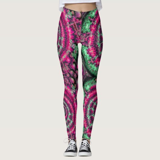 Magenta und grünes Kaleidoskop Leggings (Vorderseite)