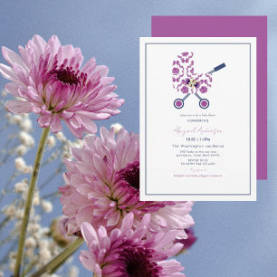 Magenta- und Navy-Damask-Wagen Baby-Taufe Einladung