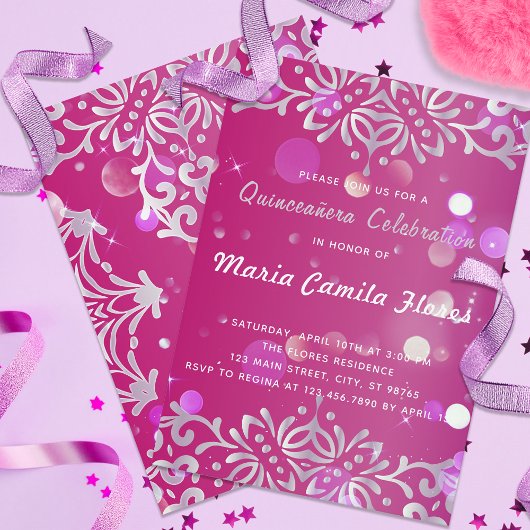 Magenta und Silver Elegant schimmery Quinceañera Einladung