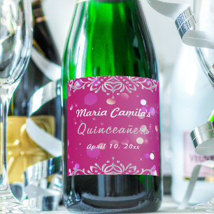 Magenta und Silver Elegant schimmery Quinceañera Schaumweinetikett