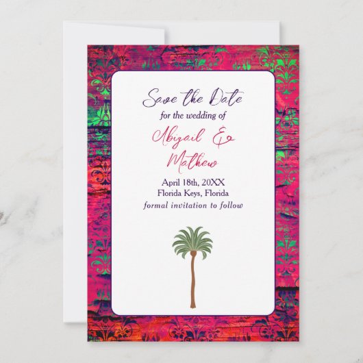 Magenta und Tropical Palm Tree India Wedding Save The Date (Vorderseite)