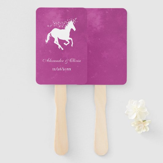 Magenta Unicorn Gastgeschenk Hochzeit Hand Fan Fächer (Vorne und Hinten)