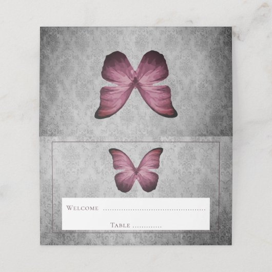 Magenta Vintag Butterfly Damask Empfang Platzkarte (Außenseite Aufgefaltet)