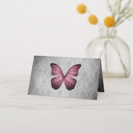 Magenta Vintag Butterfly Damask Empfang Platzkarte (Rückseite)