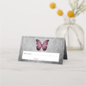 Magenta Vintag Butterfly Damask Empfang Platzkarte (Vorderseite)