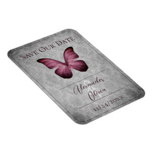 Magenta Vintag Butterfly Damask Save the Date Magnet