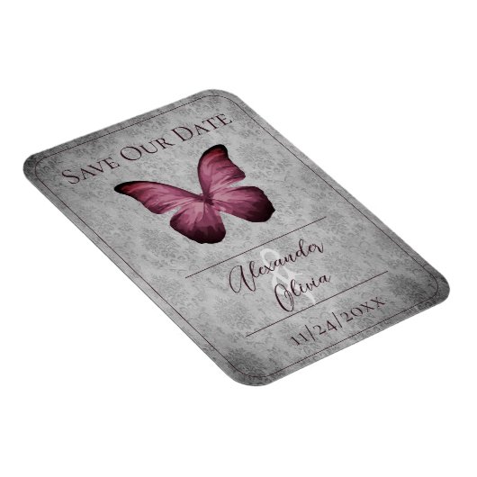 Magenta Vintag Butterfly Damask Save the Date Magnet (Rechte Seite)