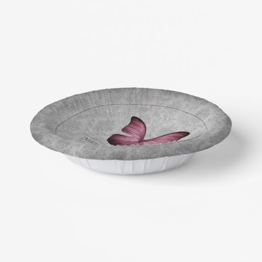 Magenta Vintag Butterfly Damask Wedding Pappteller (Gewinkelt)