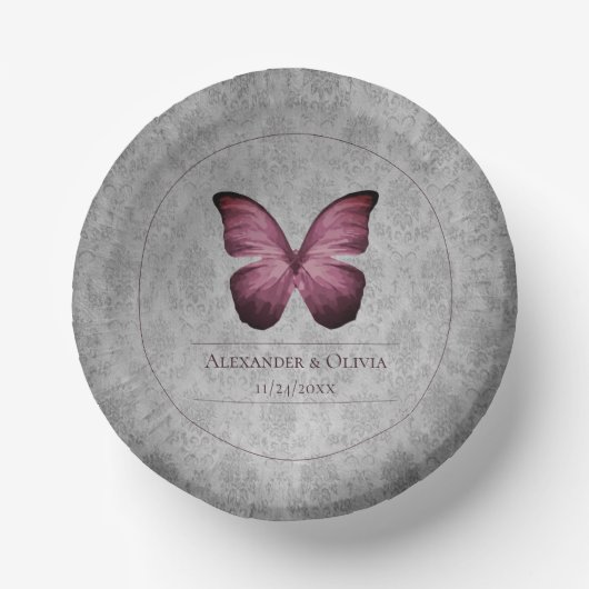 Magenta Vintag Butterfly Damask Wedding Pappteller (Vorderseite)