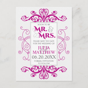 Magenta Vintage Wirbel Hochzeit speichern das Datu Ankündigungspostkarte