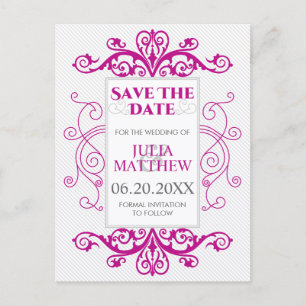 Magenta Vintage Wirbel Hochzeit speichern das Datu Ankündigungspostkarte
