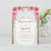 Magenta Vorhang Blautafel Hochzeit Einladung (Stehend Vorderseite)