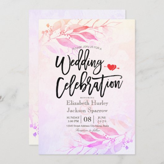 Magenta Wasserfarbe Blätter Blume Botanische Hochz Einladung (Vorne/Hinten)