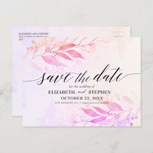 Magenta Wasserfarben-Blätter Hochzeitssache Datum  Postkarte (Vorne/Hinten)