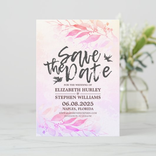 Magenta Wasserfarben-Blätter Hochzeitssache Datum  Save The Date (Stehend Vorderseite)
