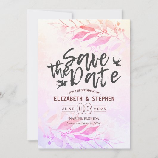 Magenta Wasserfarben-Blätter Hochzeitssache Datum Save The Date (Vorderseite)