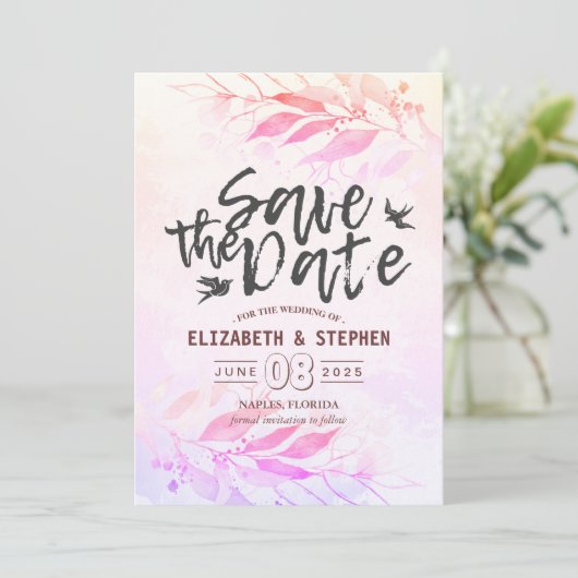 Magenta Wasserfarben-Blätter Hochzeitssache Datum Save The Date (Stehend Vorderseite)