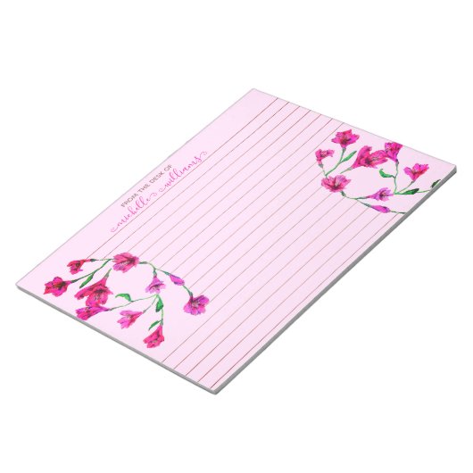 Magenta Wasserfarbene Blume Liniert Personalisiert Notizblock (angewinkelt)
