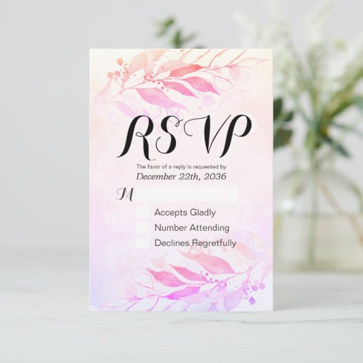 Magenta Watercolor Leaf Wedding RSVP Kindly Antwor (Stehend Vorderseite)