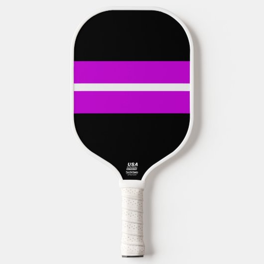 Magenta White Racing Stripes Schwarzer Hintergrund Pickleball Schläger (Vorderseite)