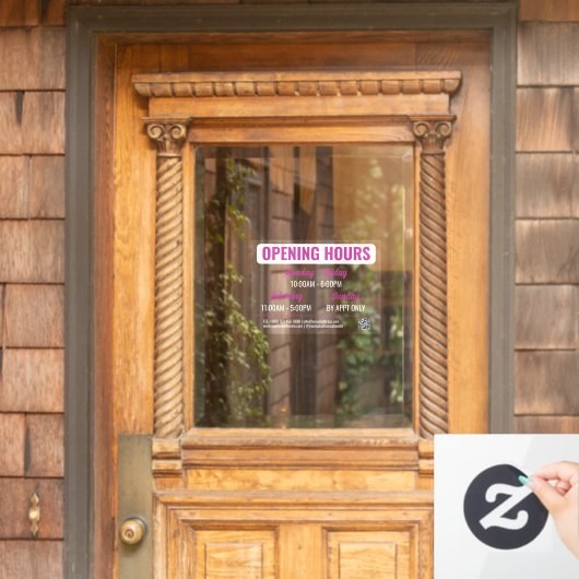 Magenta White Retro Script QR Code Opening Hours Fensteraufkleber (Haustür)