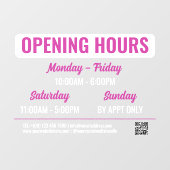 Magenta White Retro Script QR Code Opening Hours Fensteraufkleber (Blatt)