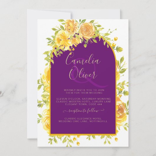 Magenta Yellow Roses Plum Lila Goldhochzeit Einladung (Vorderseite)