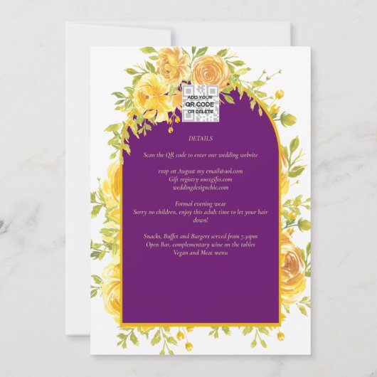Magenta Yellow Roses Plum Lila Goldhochzeit Einladung (Rückseite)