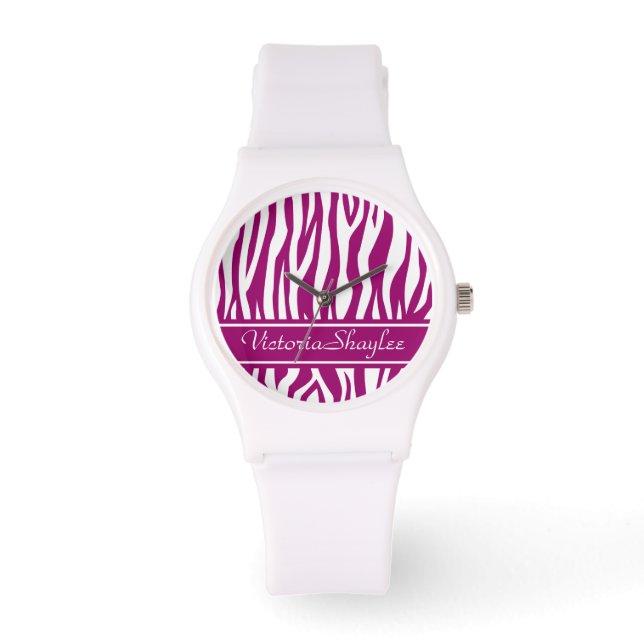 Magenta Zebra Print mit benutzerdefiniertem Text Armbanduhr (Vorderseite)