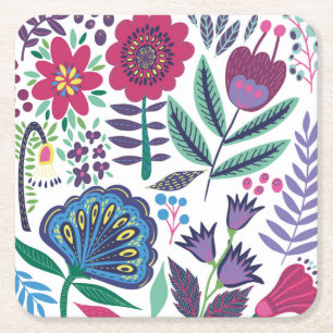Magentarote Volkskunst-Blumenmuster Rechteckiger Pappuntersetzer
