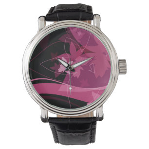 Magentarotes Blumenmuster Armbanduhr