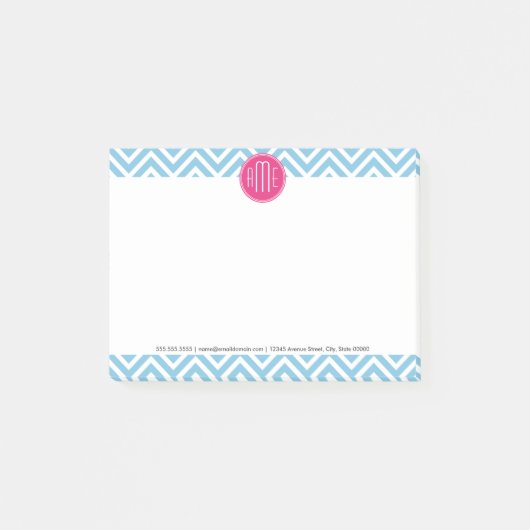 Magentarotes rosa Monogramm mit hellblauem Post-it Klebezettel (Vorderseite)