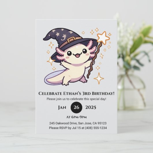 Magic Axolotl Wizard Geburtstag Einladung (Stehend Vorderseite)