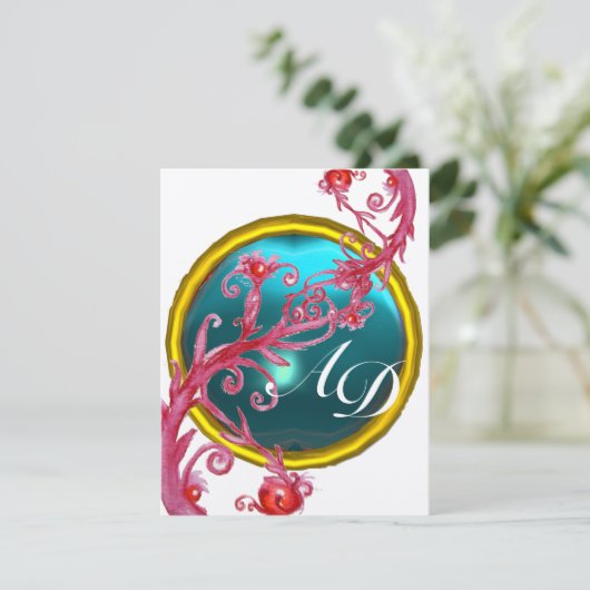 MAGIC BERRIES 4,MONOGRAMM blaues Aquamaringold Einladung (Stehend Vorderseite)