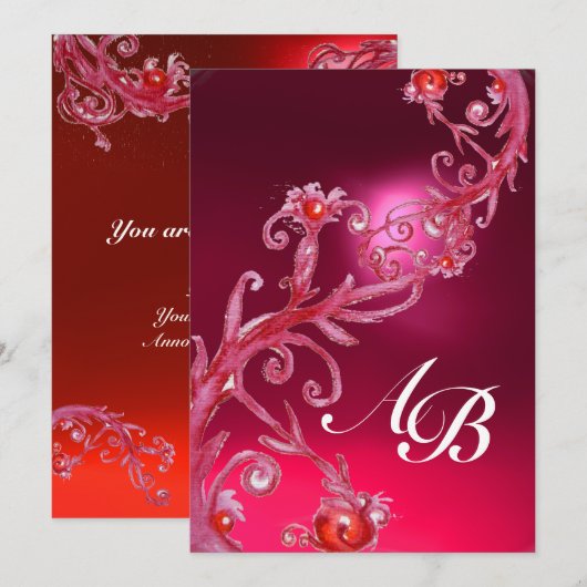 MAGIC BERRIES 4,MONOGRAMM, roter Ruby Einladung (Vorne/Hinten)