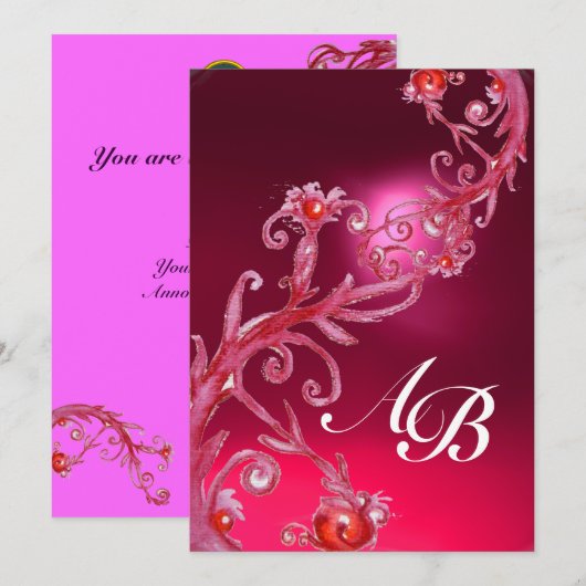 MAGIC BERRIES 4,MONOGRAMM, roter Ruby Einladung (Vorne/Hinten)