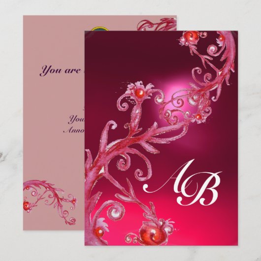 MAGIC BERRIES 4,MONOGRAMM, roter Ruby Einladung (Vorne/Hinten)