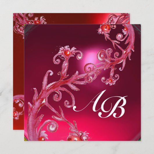 MAGIC BERRIES 4,MONOGRAMM, rotes rubinrotes Gold Einladung (Vorne/Hinten)
