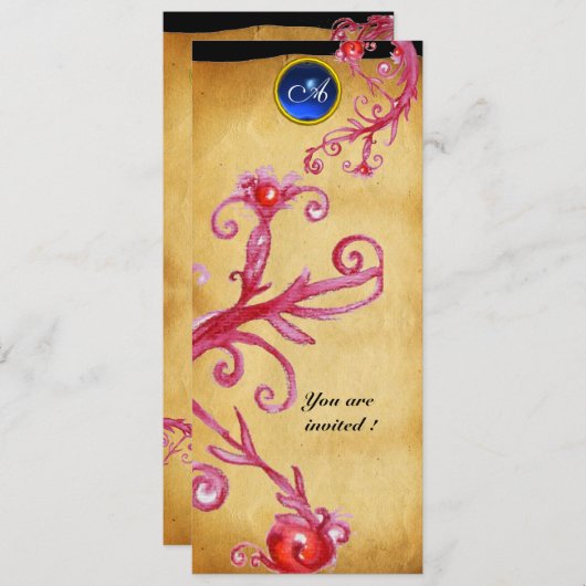 MAGIC BERRIES MONOGRAM, blau Einladung (Vorne/Hinten)