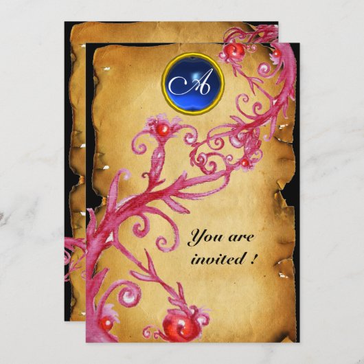 MAGIC BERRIES MONOGRAM, blau Einladung (Vorne/Hinten)