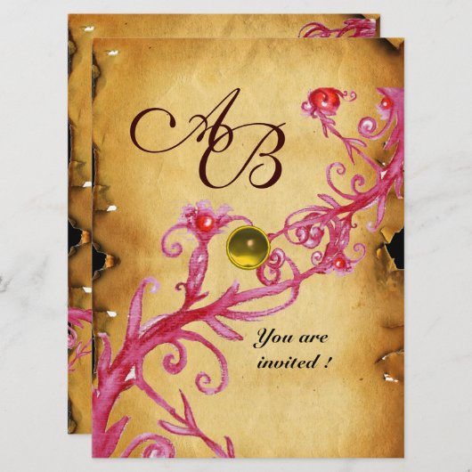 MAGIC BERRIES MONOGRAM Parchment Gelber Topaz Einladung (Vorne/Hinten)