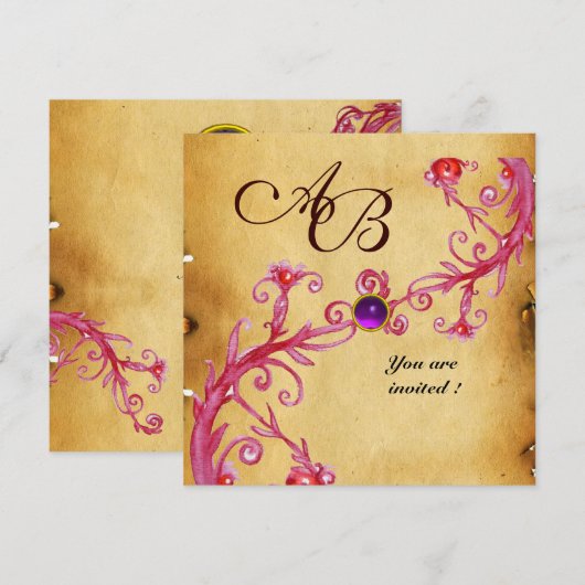MAGIC BERRIES MONOGRAM Parchment Lila Amethyst Einladung (Vorne/Hinten)