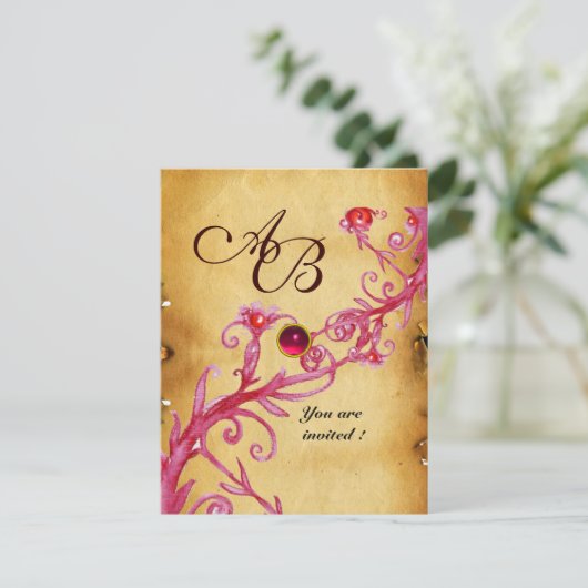 MAGIC BERRIES MONOGRAM Parchment Red Ruby Einladung (Stehend Vorderseite)